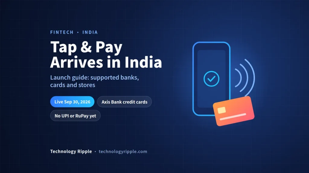 Apple Pay India Launch: Banks, Cards, Stores & How to Use It Apple Pay India launch guide graphic showing a phone tapping to pay with Axis Bank credit cards, live September 30, 2026