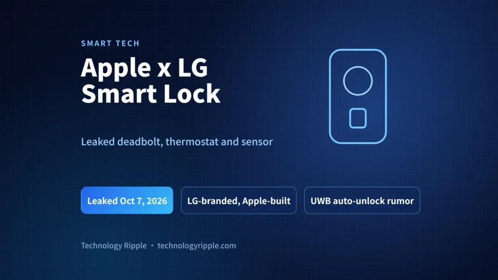 Leaked Apple smart lock made with LG, a keypad deadbolt shown beside a smart thermostat and temperature sensor