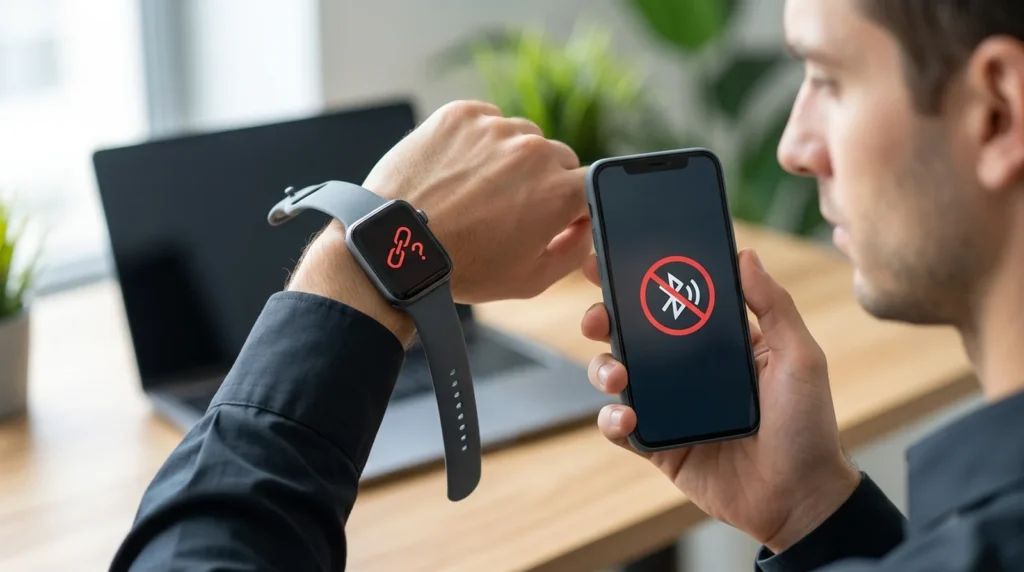 Apple Watch Not Connecting to iPhone? 10 Fixes That Work Person checking an apple watch not connecting to iphone, with a disconnected link icon on the watch and a Bluetooth off symbol on the phone