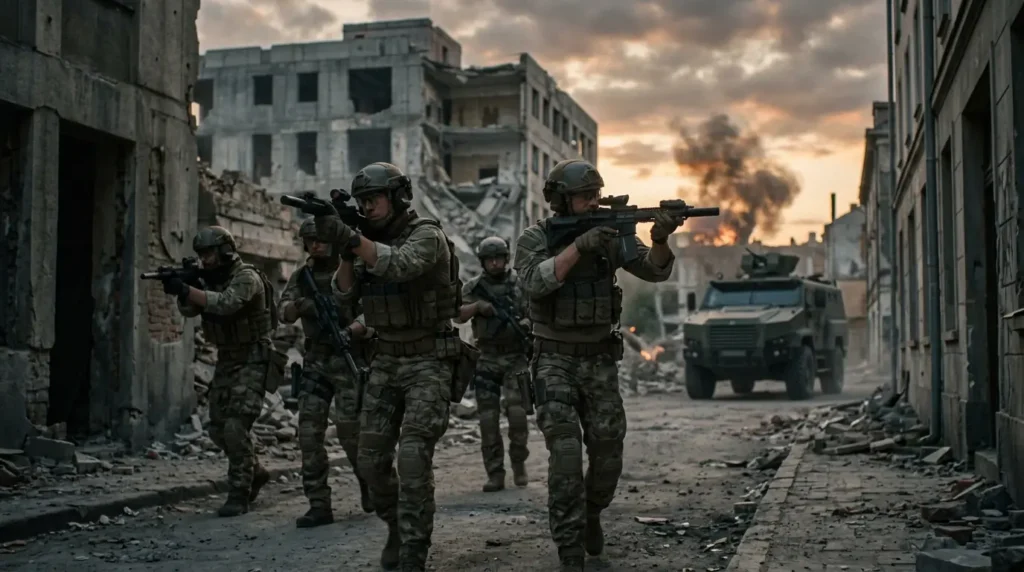 Battlefield 6 Game Pass: Tiers, Cost and How to Play Battlefield 6 Game Pass concept with a squad of soldiers advancing down a ruined city street