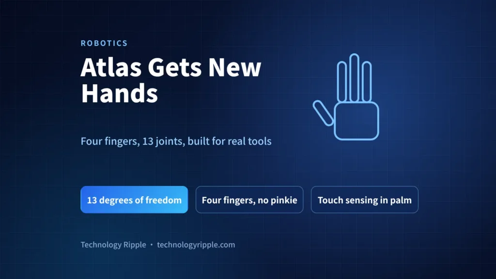 Boston Dynamics Atlas Hand: Design, Specs & Why It Matters Boston Dynamics Atlas hand with four fingers and an opposable thumb gripping a power drill