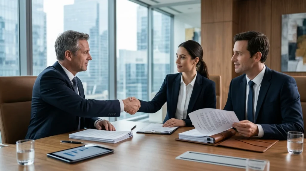 Bumble acquisition concept with executives shaking hands over a deal at a boardroom table