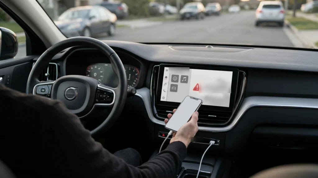 Driver holding an iPhone beside a car dashboard screen with a connection error, showing iOS 27 CarPlay trouble