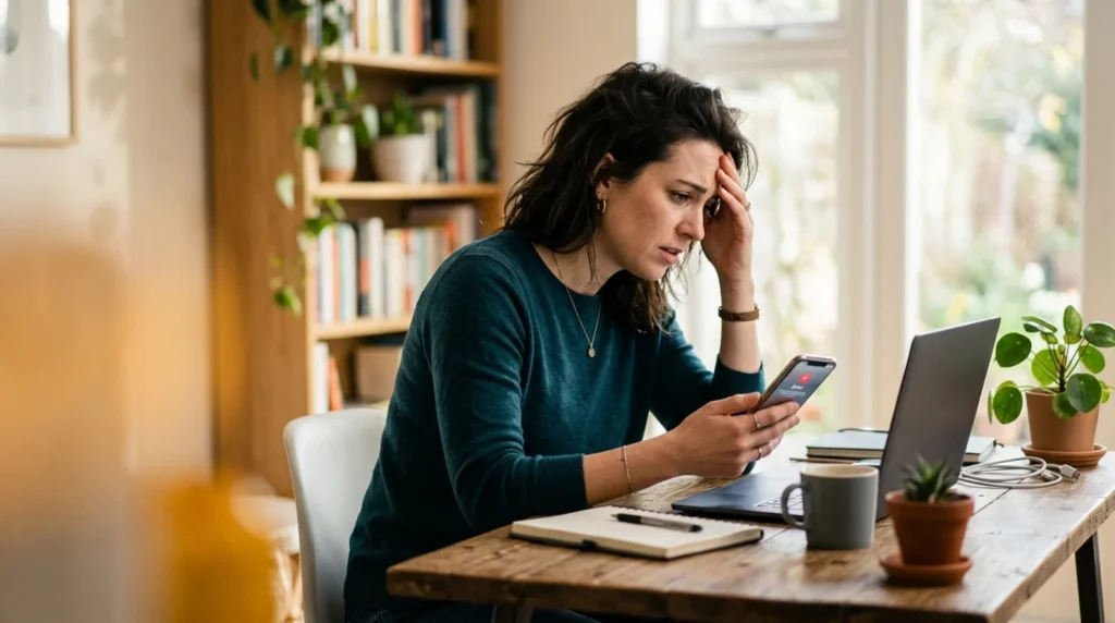 Cash App Payment Failed? 9 Reasons and How to Fix It Worried woman at a home desk looking at a phone after a cash app payment failed