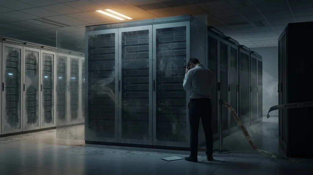 Character AI Bankruptcy: What Happens to Your Chats Character AI bankruptcy concept with a worried man in a dim server room cordoned off with barrier tape