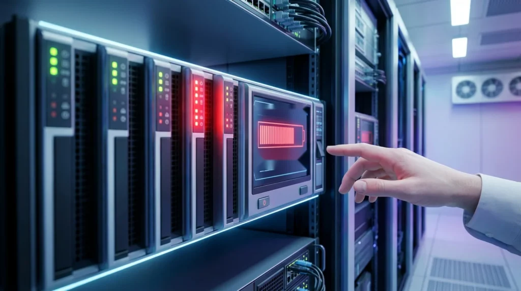 Server rack with a red full meter on a screen, illustrating ChatGPT memory full