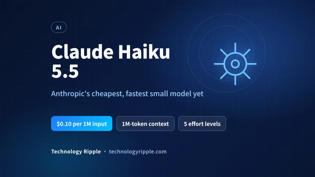 Claude Haiku 5.5: Pricing, Features, Benchmarks & Access Claude Haiku 5.5 launch graphic showing its $0.10 input price, 1M-token context and effort levels