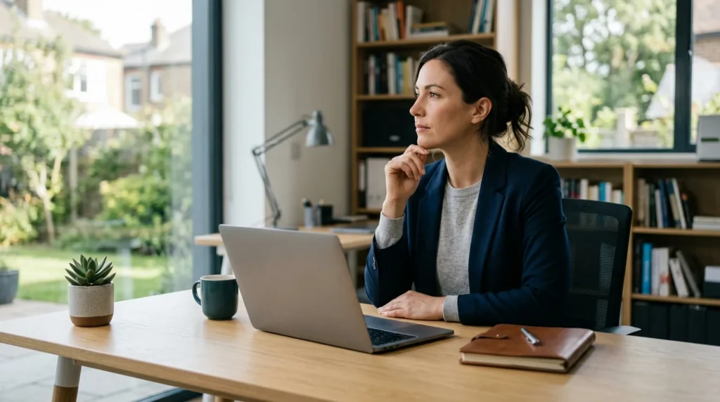 What to Do When Claude Says You’ve Hit Your Usage Limit Woman pausing at her laptop in a home office after hitting a Claude usage limit