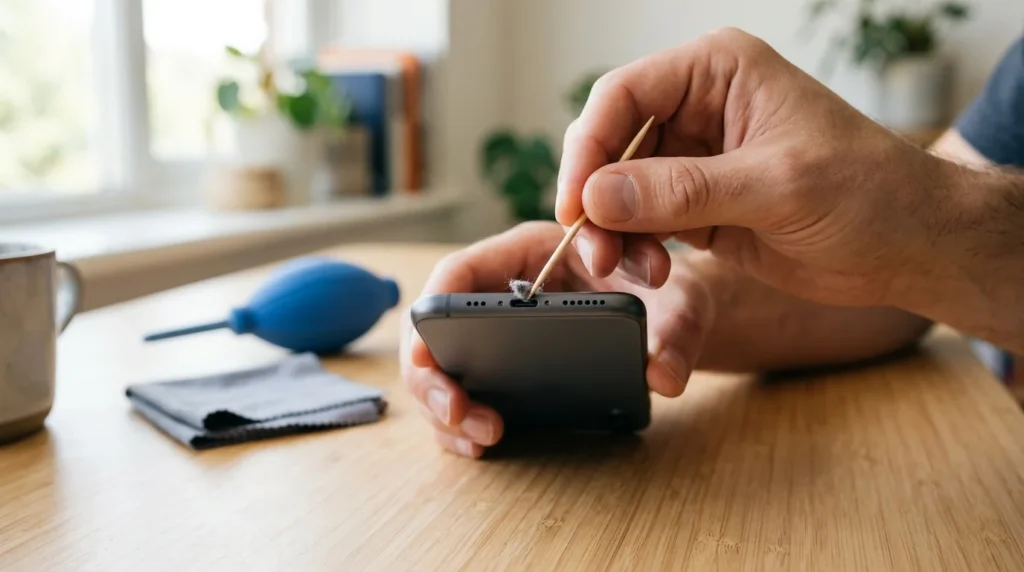 How to clean phone charging port with a wooden toothpick, a bulb air blower and a microfiber cloth on a desk