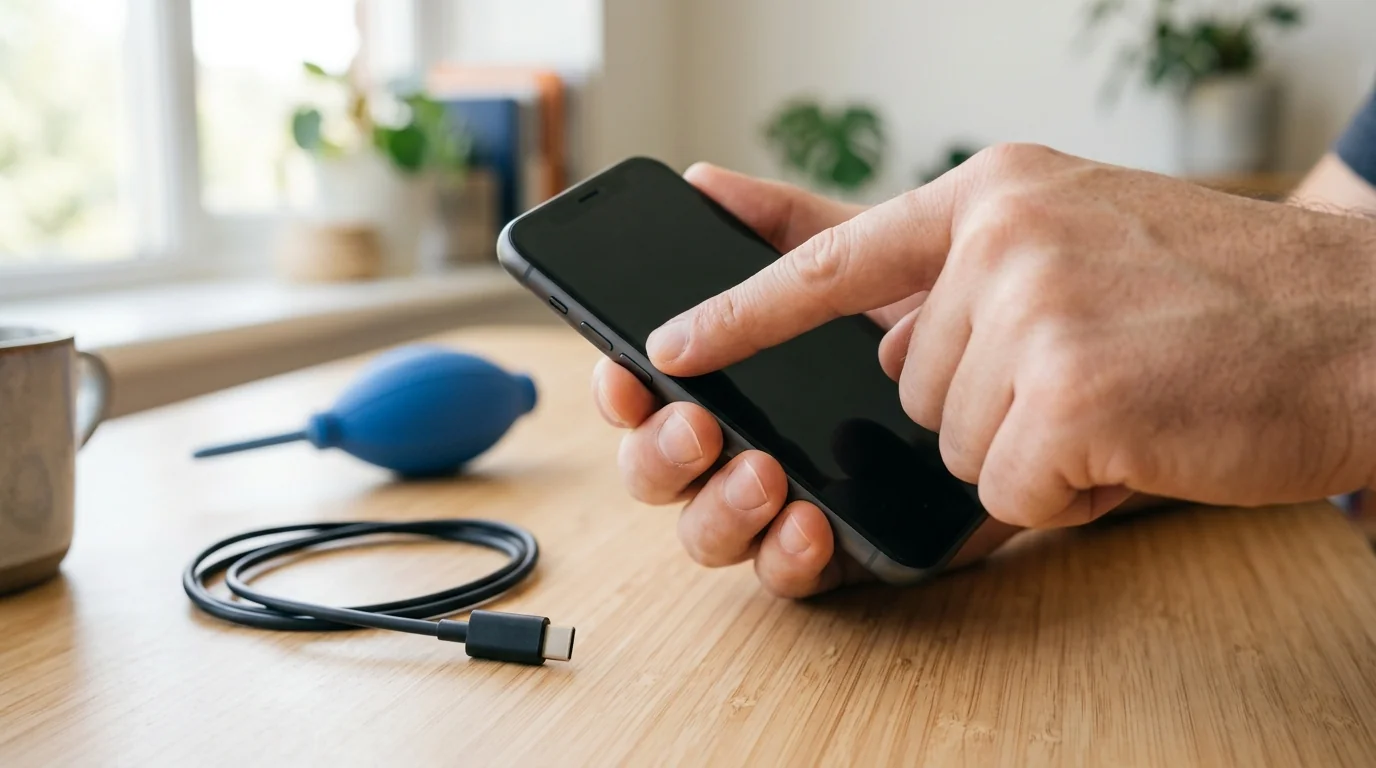 Person switching off a smartphone with the charging cable unplugged on the desk
