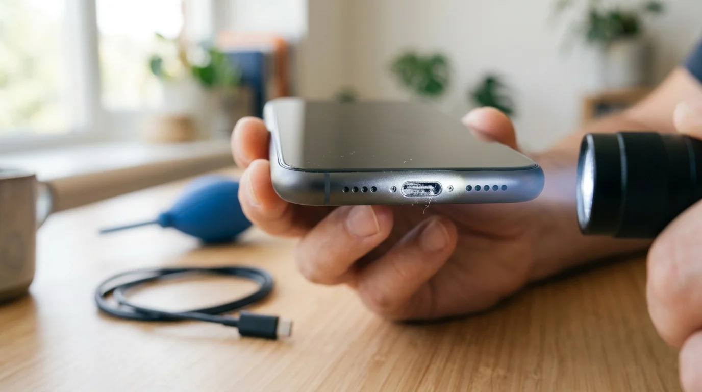 Flashlight shining into a smartphone USB-C charging port to find lint