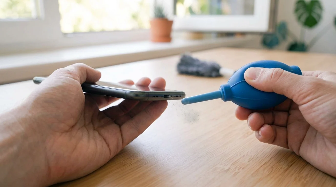 Hand bulb air blower puffing dry dust out of a smartphone charging port