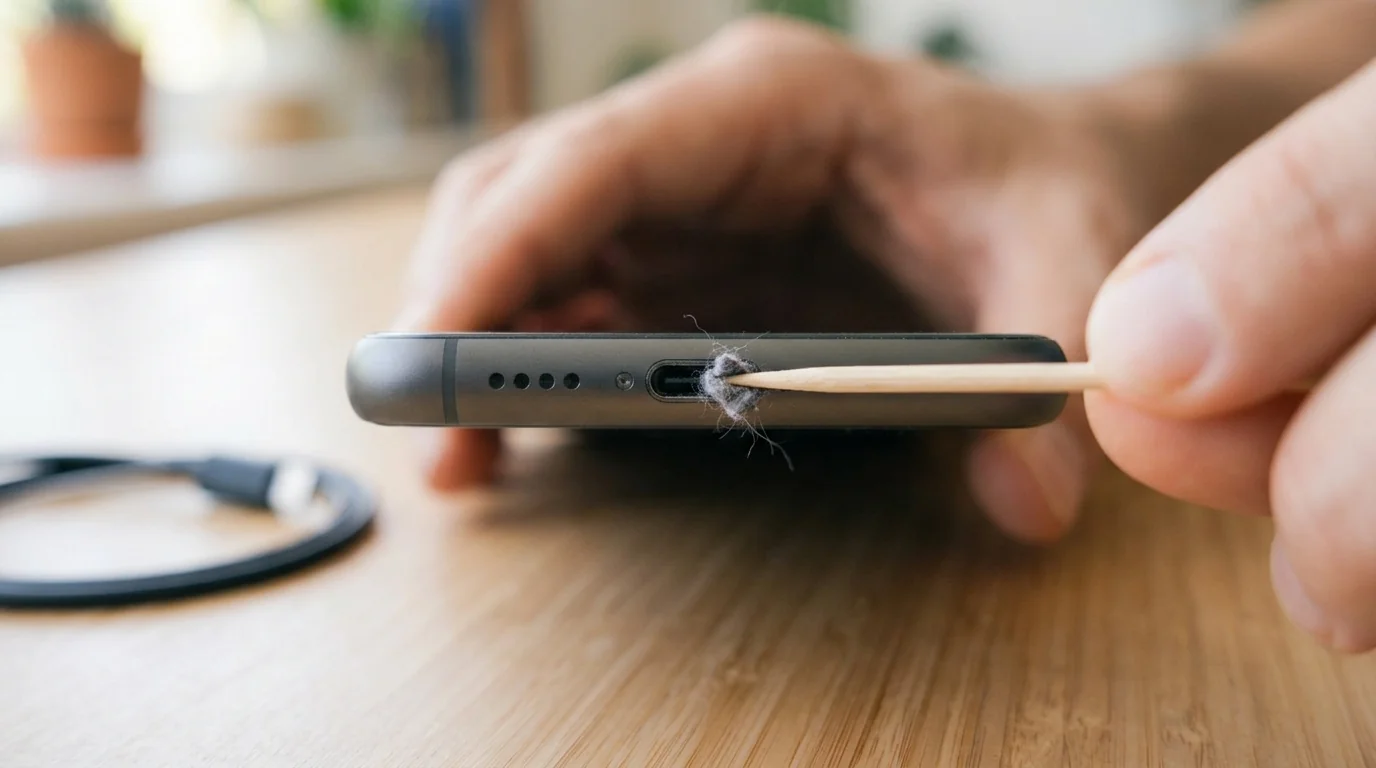 Wooden toothpick lifting grey pocket lint out of a USB-C charging port
