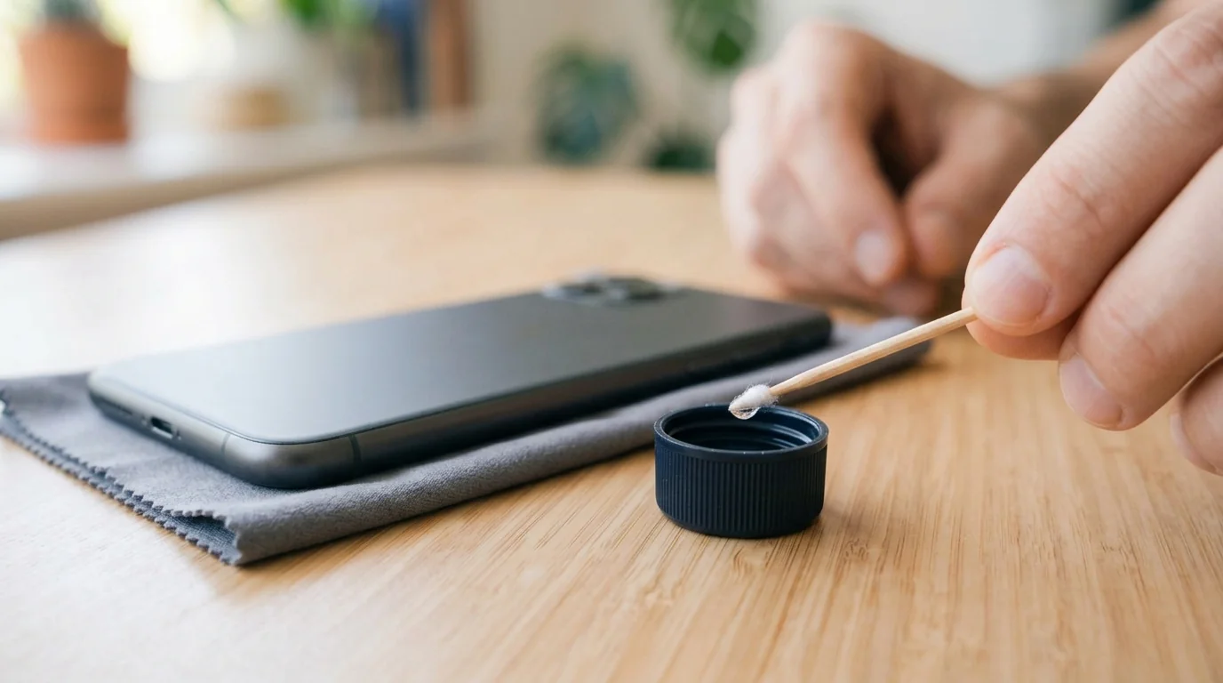 Toothpick with a small cotton tip dipped in a cap of isopropyl alcohol beside a phone
