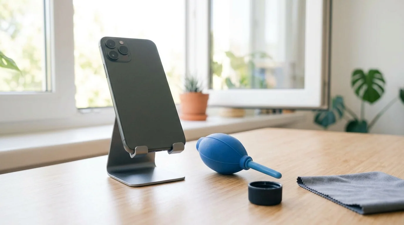 Smartphone resting on a stand to dry near an open window with a bulb air blower nearby