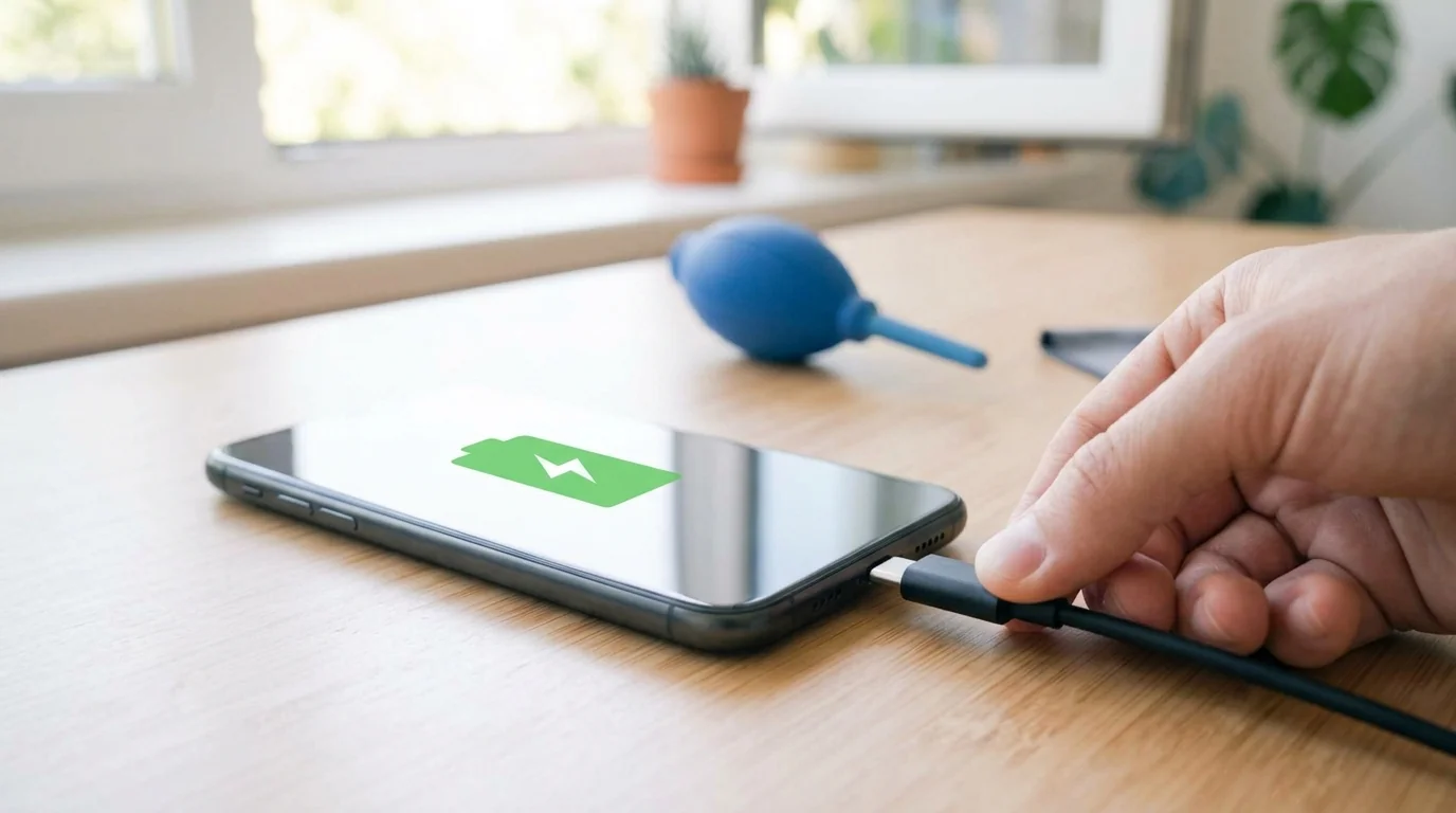 Hand plugging a USB-C cable flush into a smartphone showing a charging battery icon