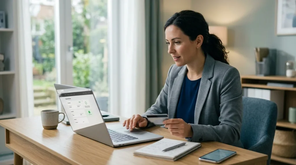 Cleo AI refund concept with a woman checking a payment on her laptop at a home desk