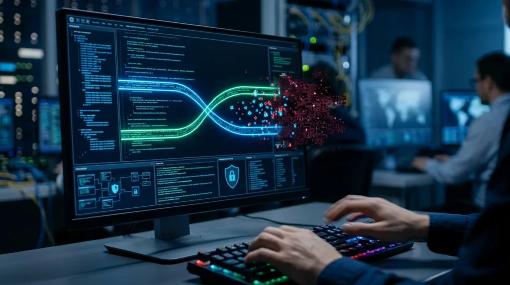 Discord Data Breach: Double Counter Hack and What to Do Discord data breach concept with a person typing at a monitor as data streams leak away in a security operations room