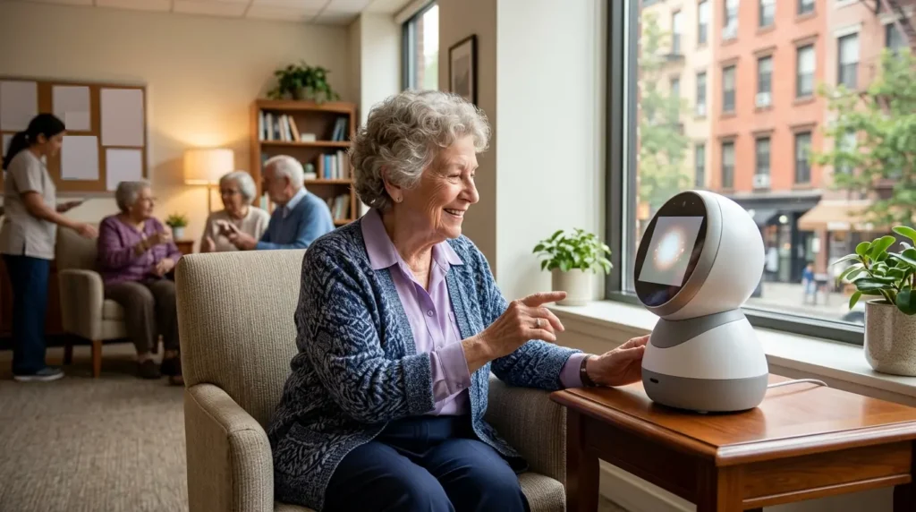 Senior woman smiling at an ElliQ robot style tabletop companion by a window
