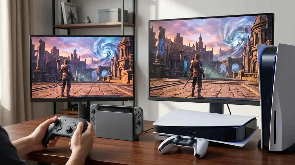 Should You Buy Final Fantasy Resonance on Switch 2 or PS5 Two screens showing a fantasy RPG beside two consoles, for choosing a Final Fantasy Resonance version