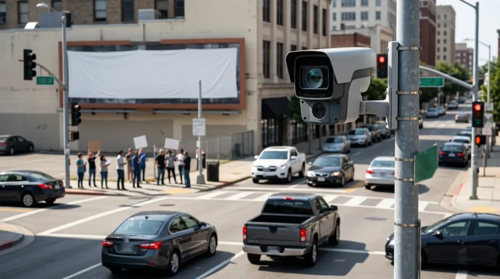 Flock Cameras: What They Track and Why Cities Are Saying No Flock cameras concept with a license plate reader camera on a pole above a busy city intersection