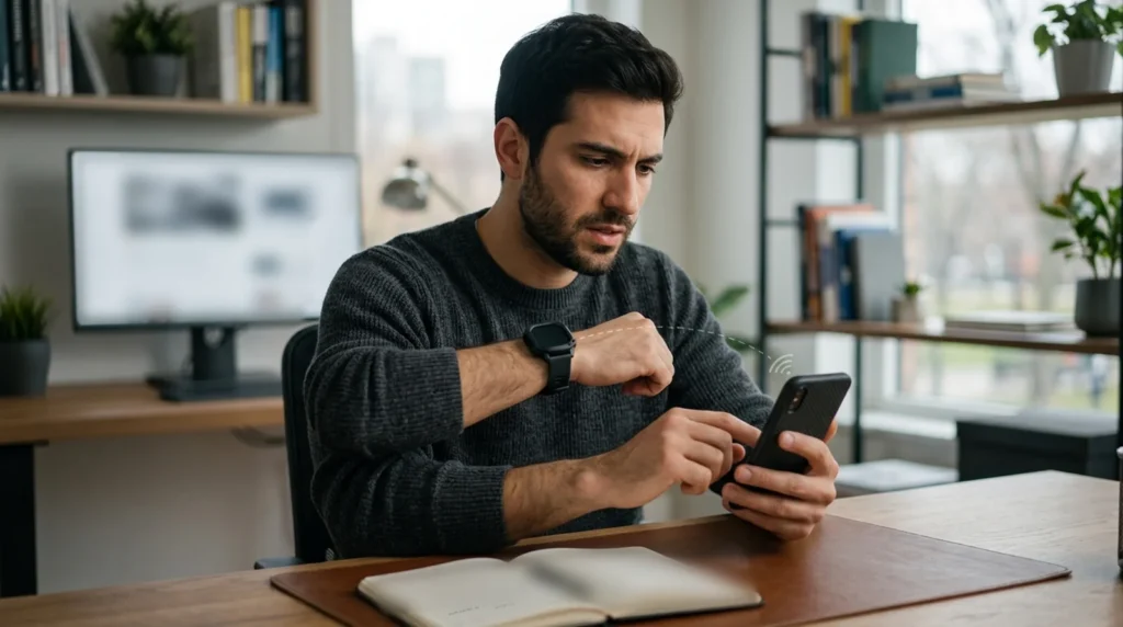 Garmin Not Syncing With Phone? 11 Fixes That Work Frustrated man trying to fix a Garmin not syncing with phone problem, holding his smartwatch next to his smartphone