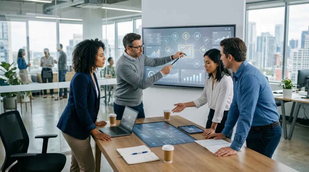 Team reviewing an AI workflow dashboard to show what the Gemini agent does at work