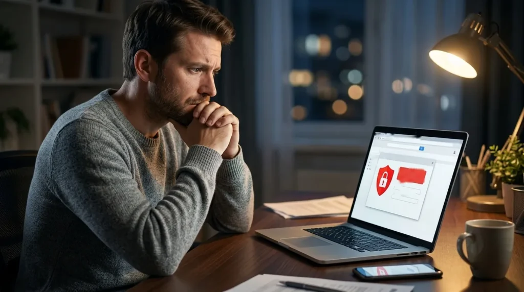 Gmail Hacked and Password Changed? How to Get It Back Worried man looking at a laptop security warning after his Gmail was hacked and the password changed