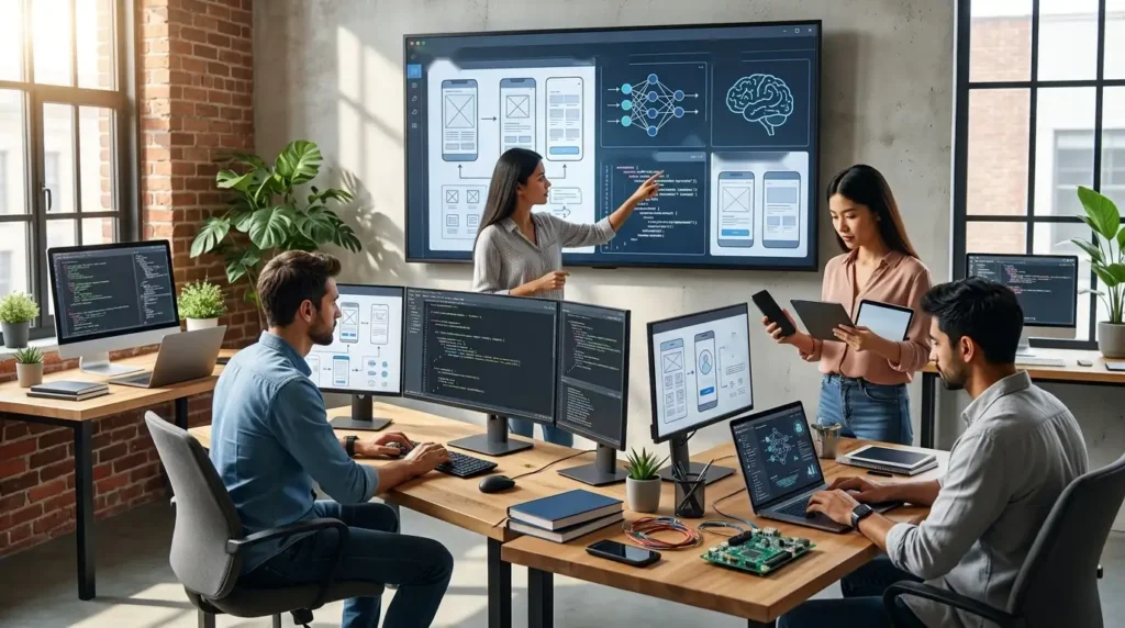 Google Play Private Apps: Build Your Own Android App With AI Google Play private apps concept with a team designing Android app screens with AI tools in a studio