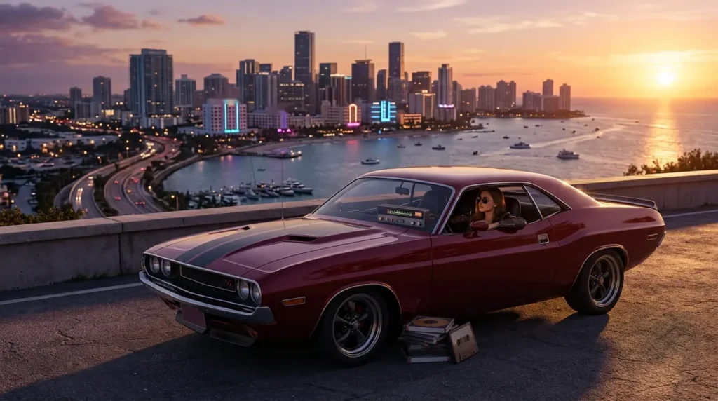 GTA 6 Radio Stations: Every Station, Host and the Album gta 6 radio stations mood shown by a classic muscle car with a glowing radio parked above a neon coastal city at sunset