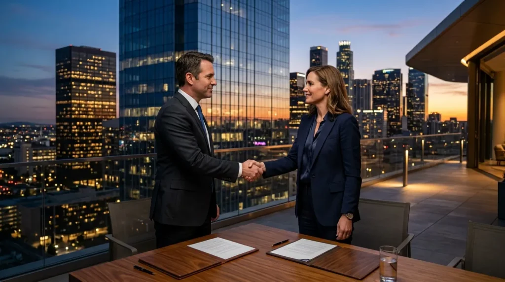 two executives shaking hands on a city rooftop at dusk, illustrating the hbo max paramount plus merger