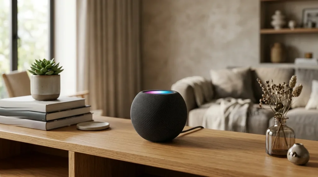 HomePod mini 2: Price, Specs, Siri AI and Release Date HomePod mini 2 smart speaker glowing on a wooden table in a cozy living room
