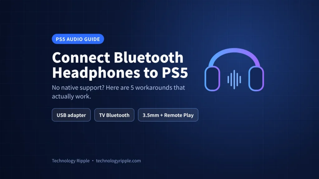 How to connect Bluetooth headphones to PS5 guide illustration with headphones and 5 workaround options