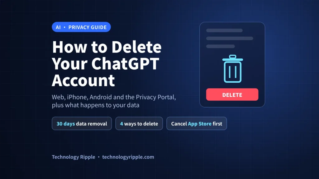 How to Delete ChatGPT Account: Steps, Data and Subscriptions How to delete ChatGPT account guide: web, iPhone, Android and Privacy Portal steps