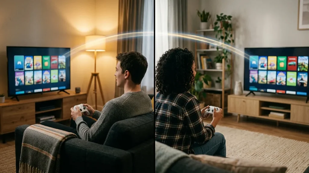 How to Game Share on PS5 With Friends and Family Two friends in separate living rooms sharing a PS5 game library, showing how to game share on PS5