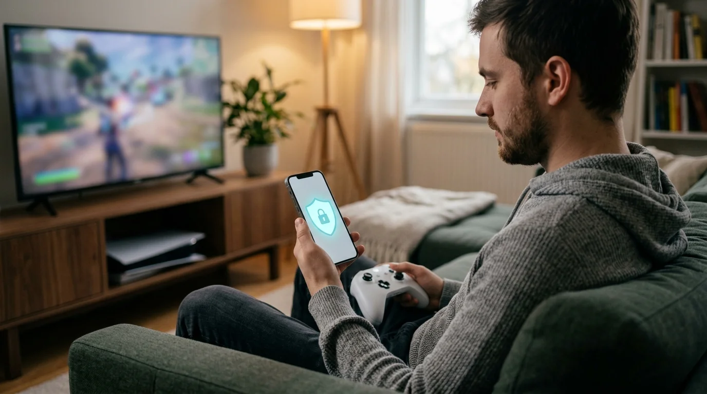 Gamer holding a controller and a phone showing a shield and padlock icon before sharing games