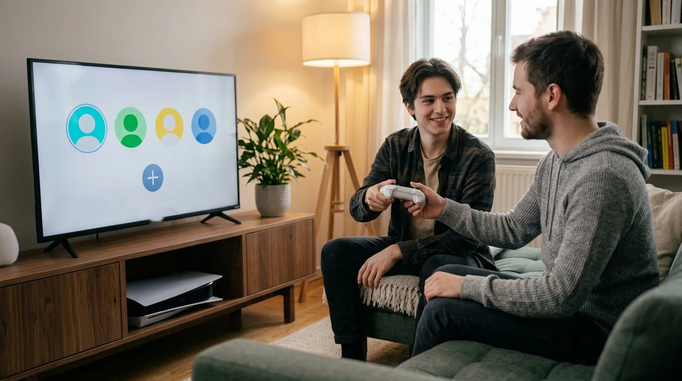 Friend handing over a controller while the TV shows profile avatars for adding an account