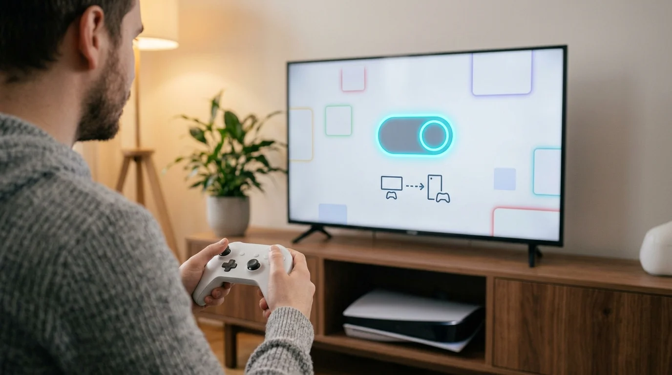 Player using a controller to switch on a glowing sharing toggle on a TV menu