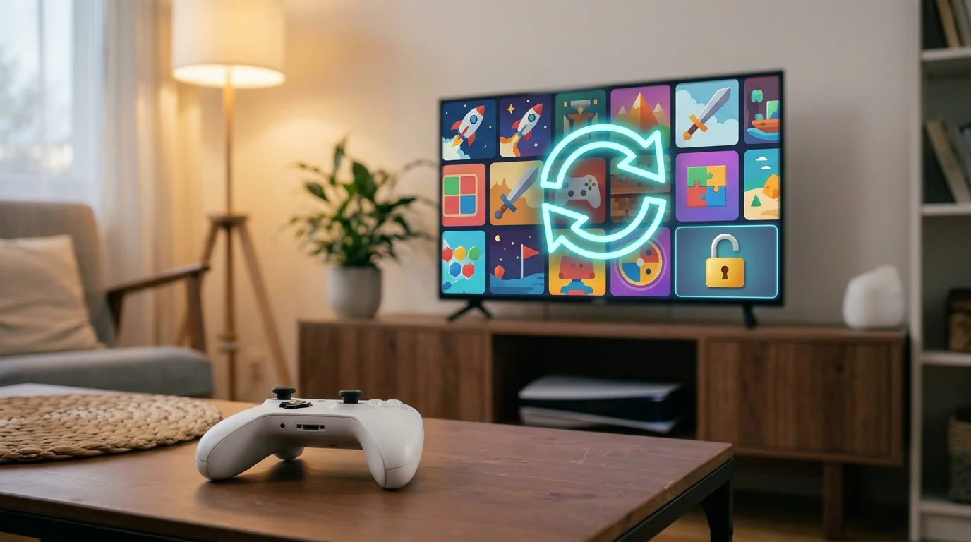 TV showing game tiles with a glowing refresh icon and an opening padlock