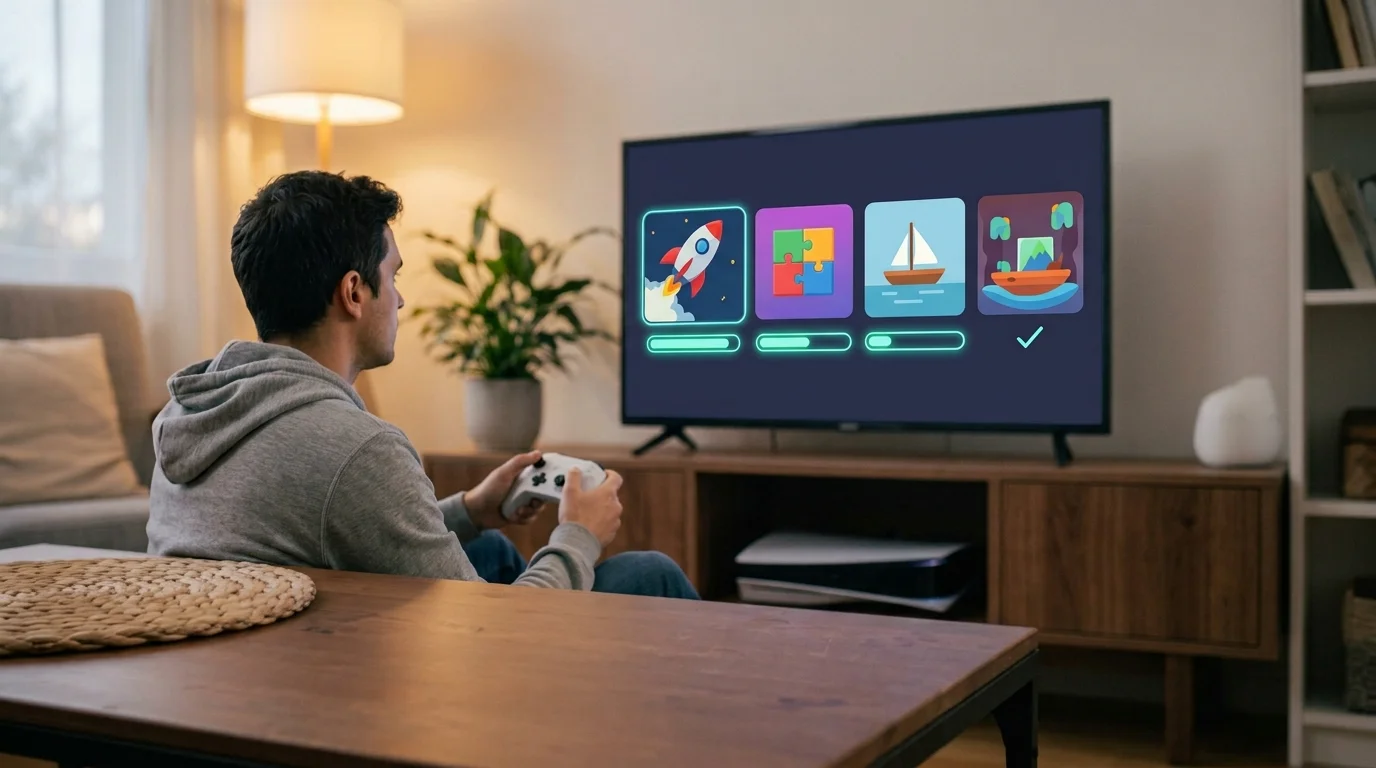 Gamer watching download progress bars fill under game tiles on a TV