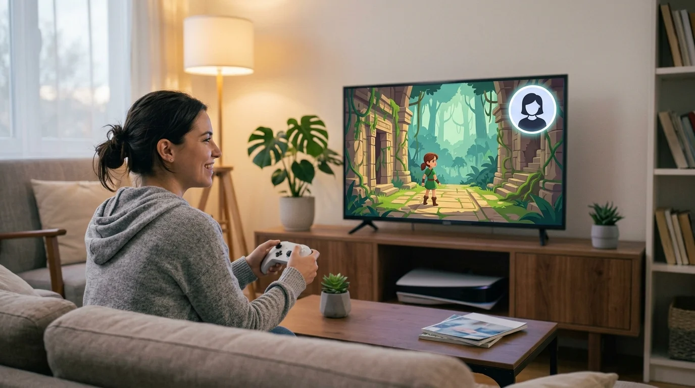 Woman playing a shared game on her own profile, shown by an avatar on the TV