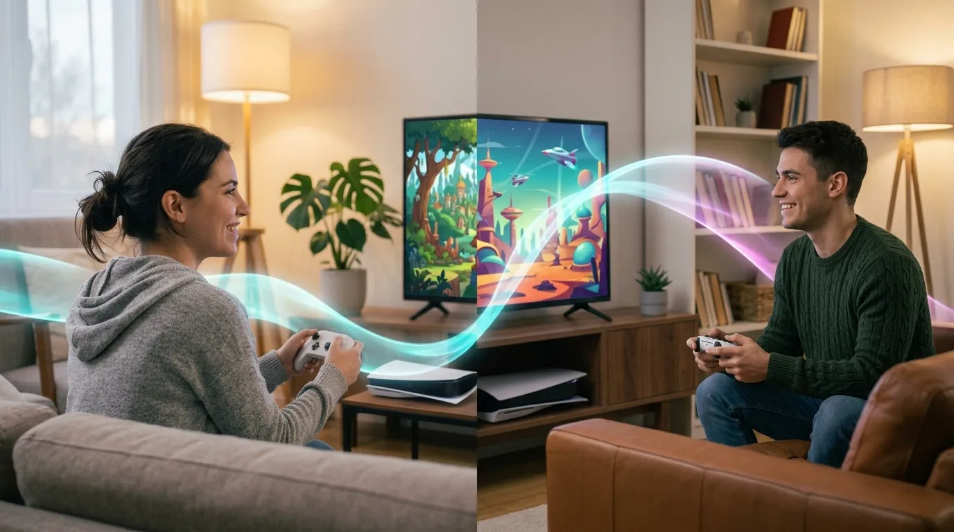 Two friends in separate homes linked by light ribbons flowing both ways between their consoles