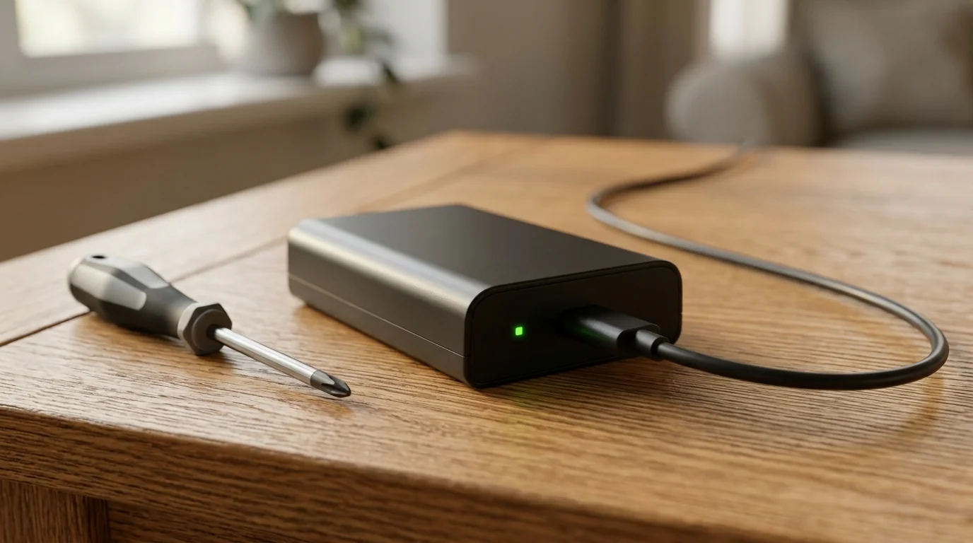 Video doorbell battery charging on a table with a green light