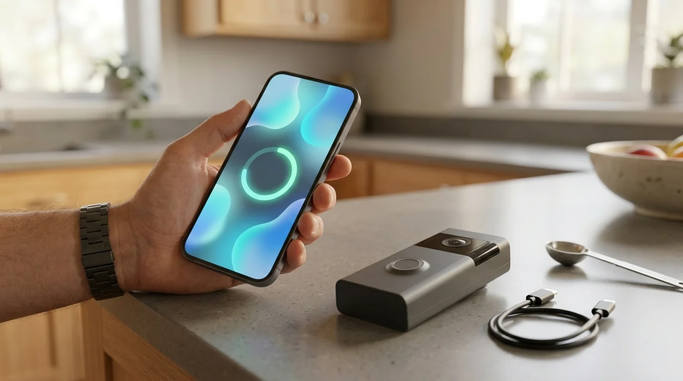 Phone next to a video doorbell during app setup