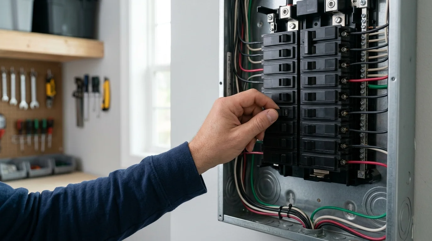 Hand switching off a breaker in a home electrical panel