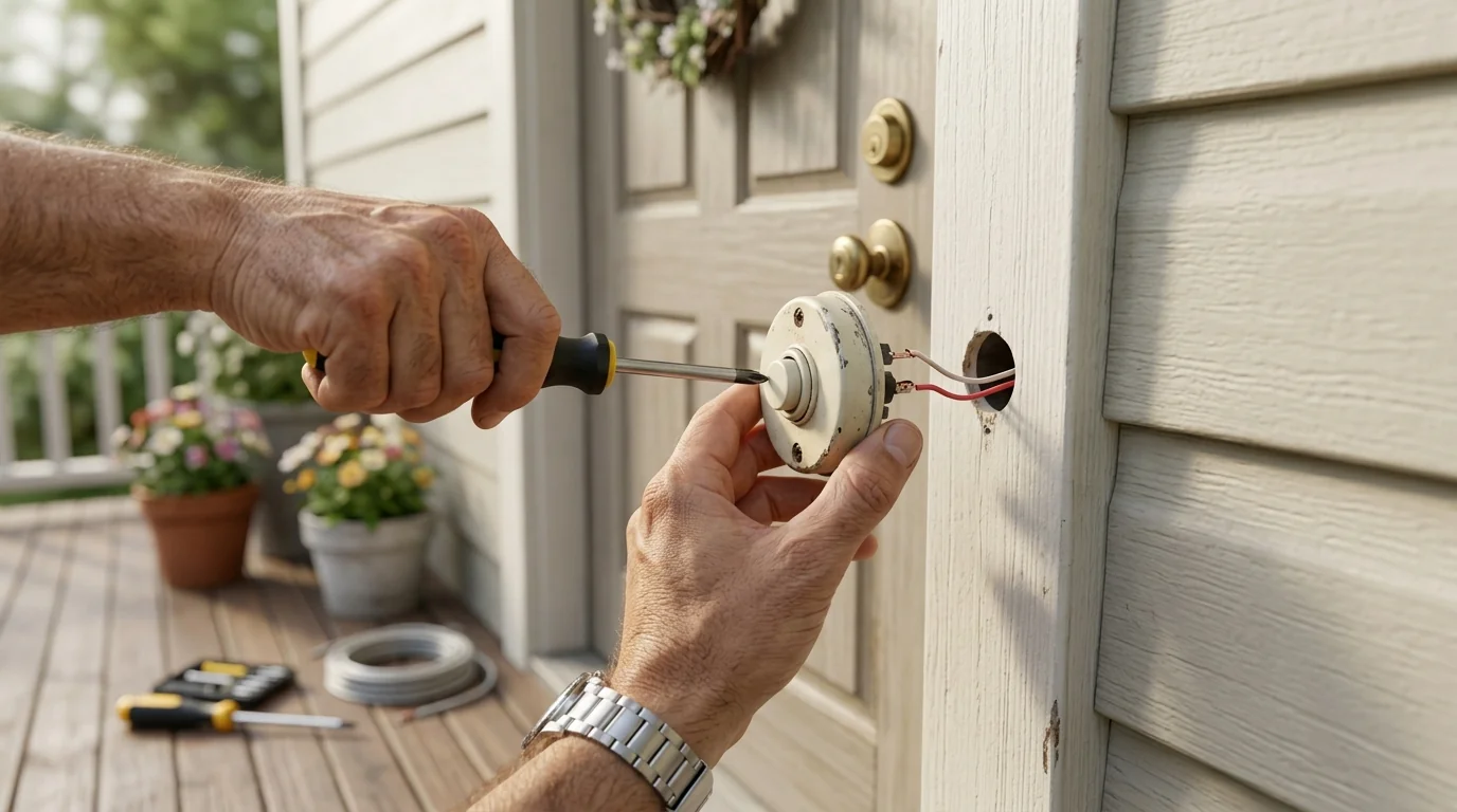 Old doorbell button removed from a door frame showing two wires