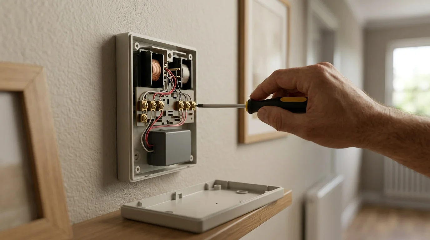 Open doorbell chime box with wires on the terminals and a power module