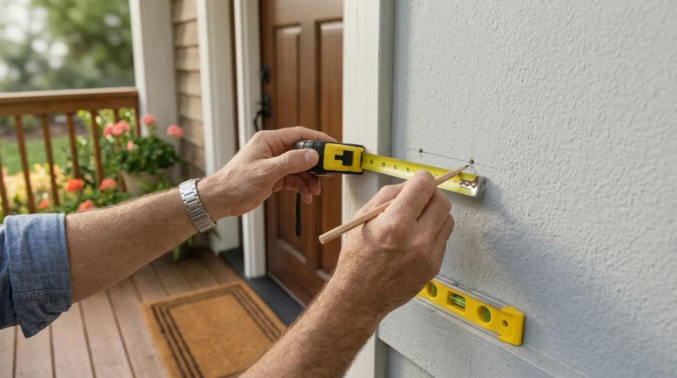 Tape measure and pencil marking doorbell height beside a front door
