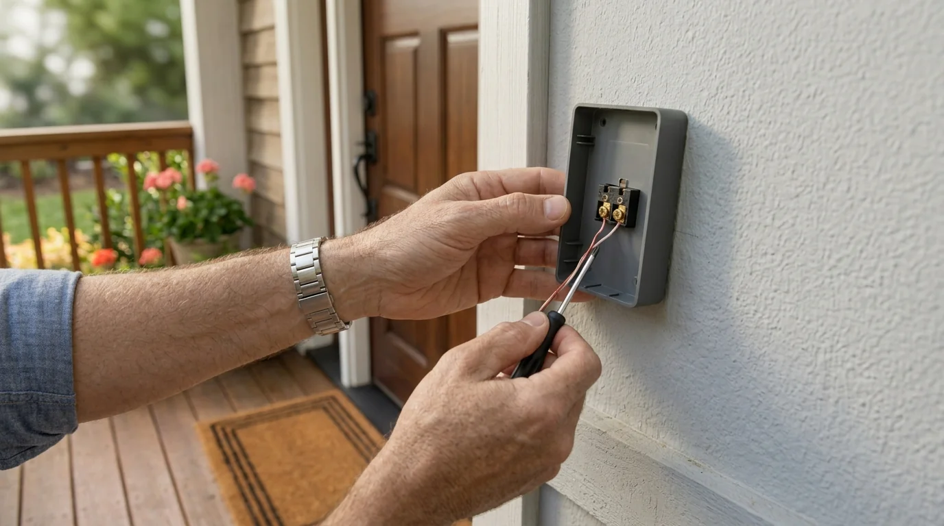 Doorbell wires fastened to the terminal screws on a video doorbell