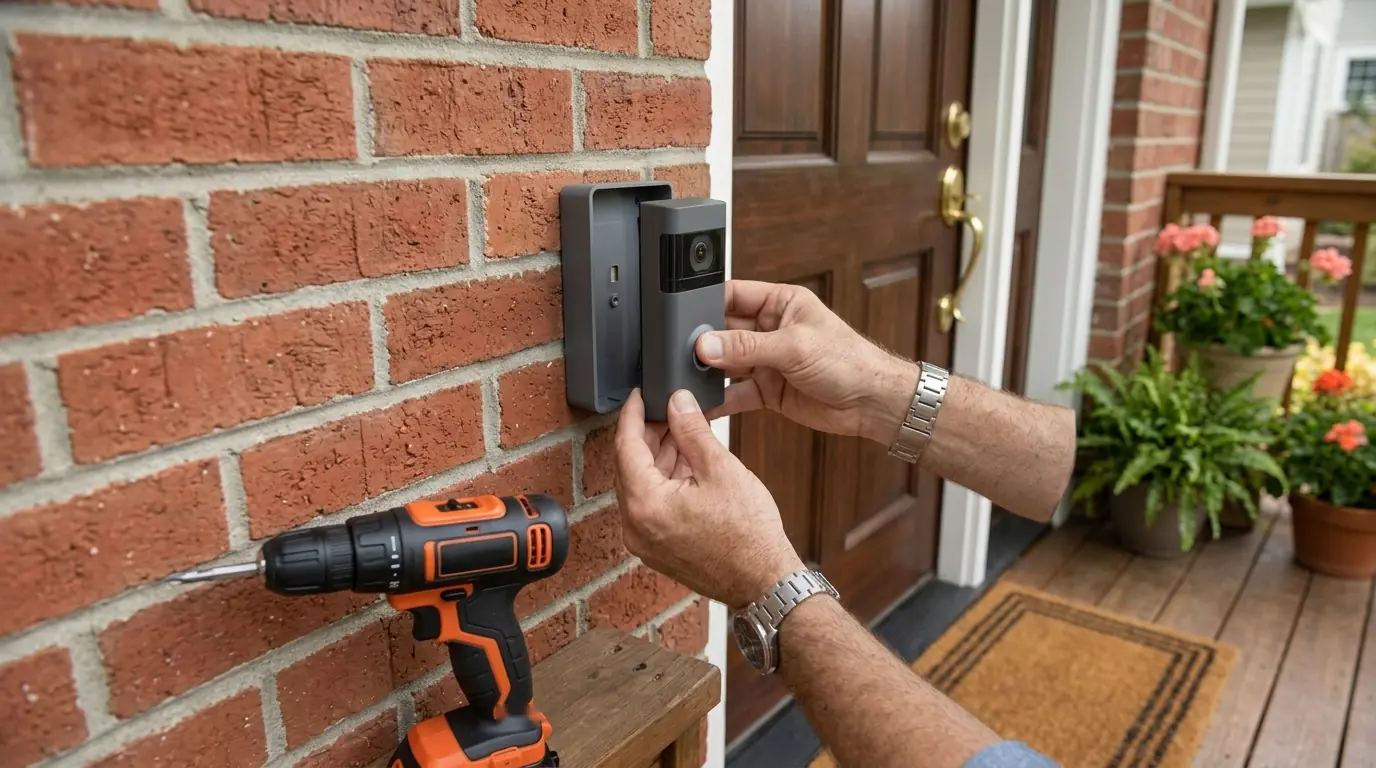 Video doorbell being mounted on its bracket on a brick wall